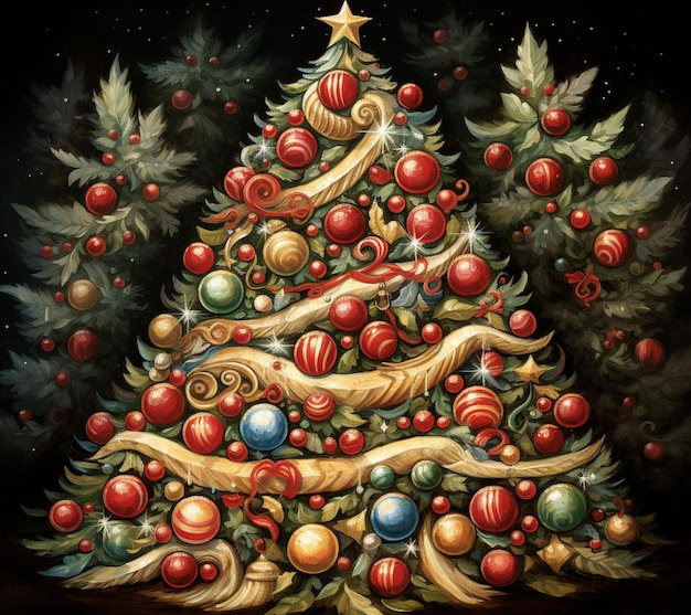 painting of a christmas tree with ornaments and a star generative ai