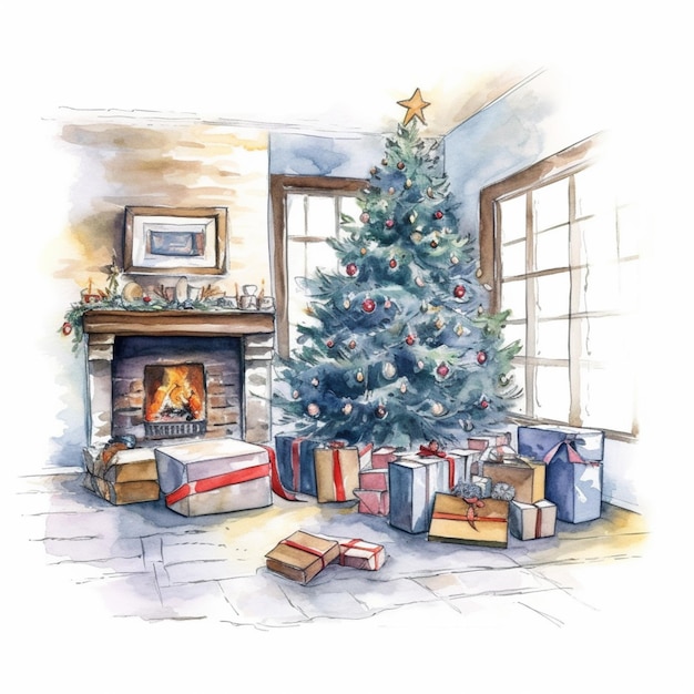 Photo a painting of a christmas tree with presents in front of a fireplace generative ai