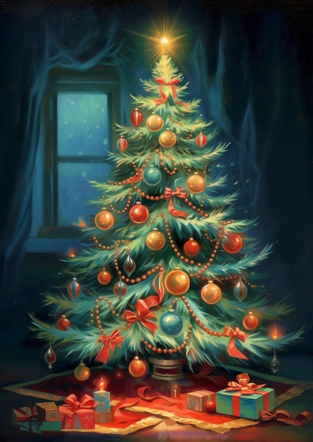 painting of a christmas tree with presents and a window generative ai