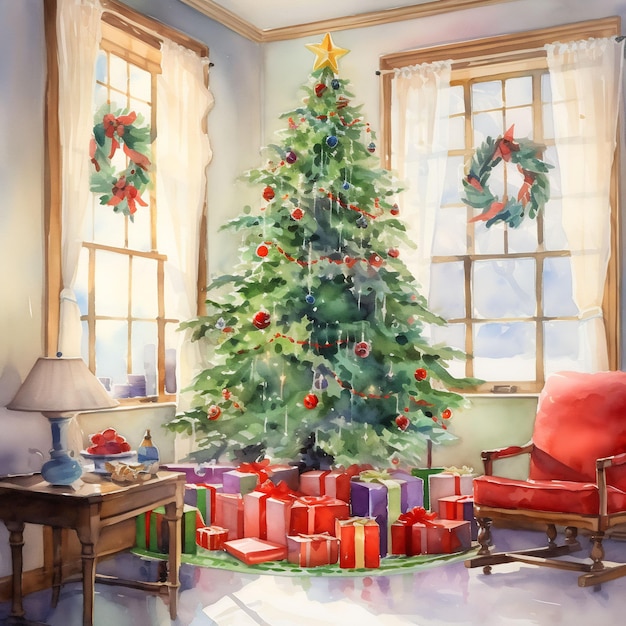 a painting of a christmas tree with a red chair and a red chair