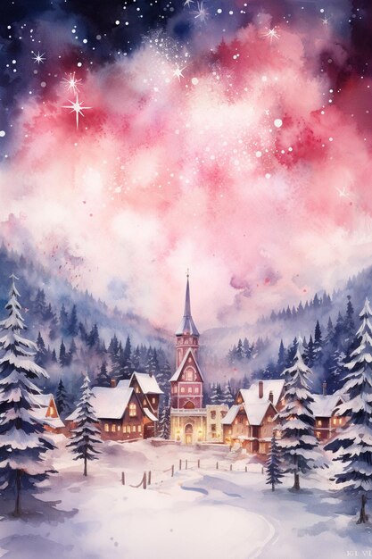 Painting of a christmas village with a church and a star generative ai