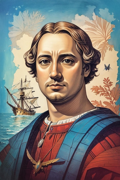 Photo painting of christopher columbus wearing a red and blue shirt