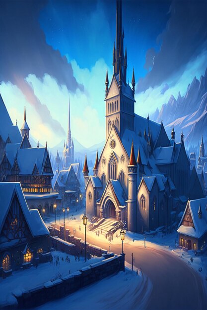 Painting of a church in the middle of a snowy town generative ai