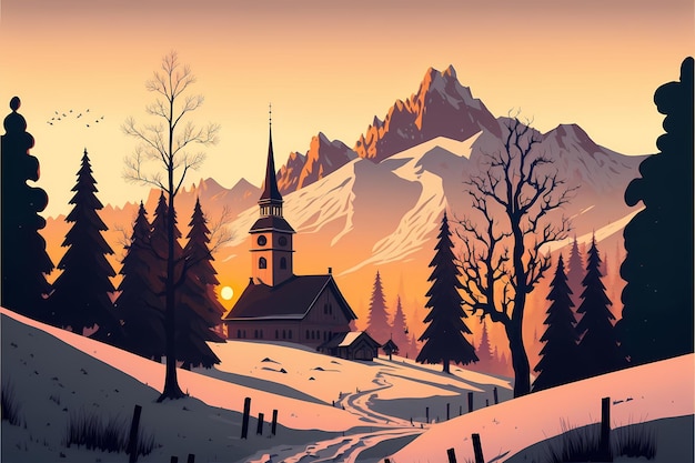 A painting of a church in the mountains.