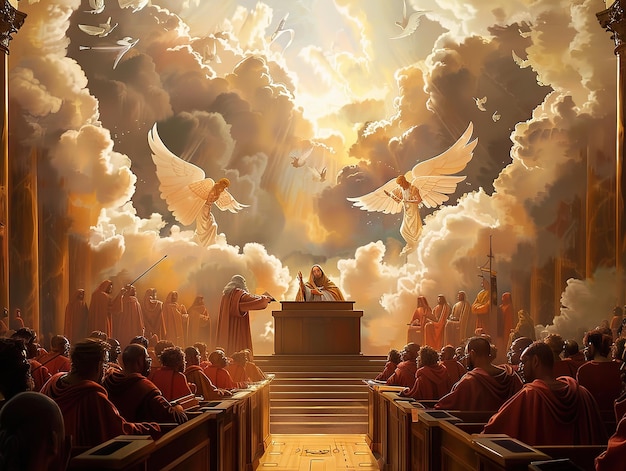 a painting of a church with angels in the sky