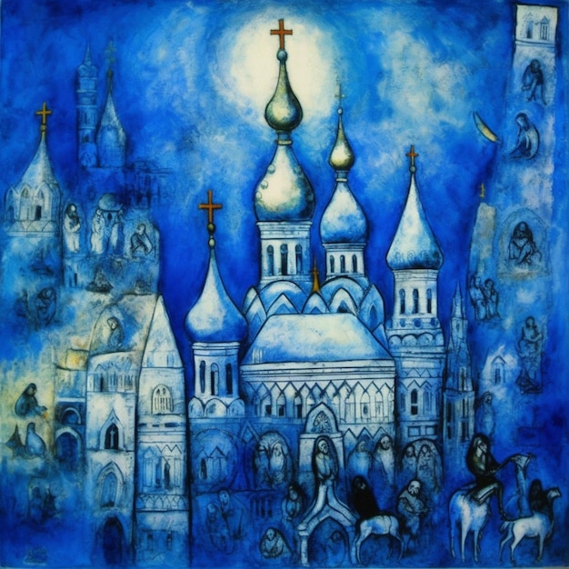 A painting of a church with a blue background and a white cross on the top