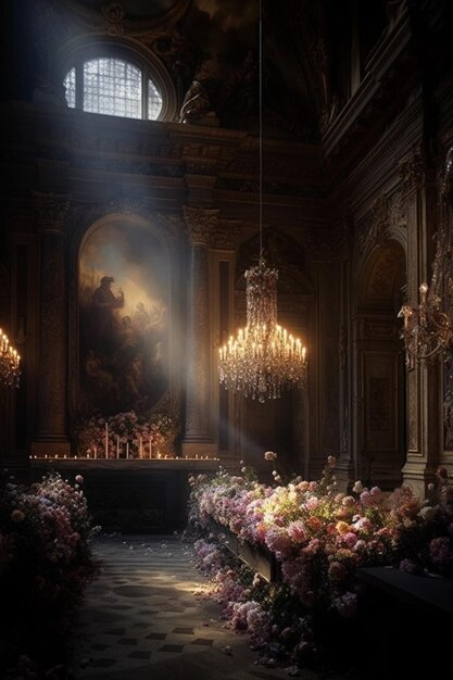 A painting of a church with chandeliers and a chandelier