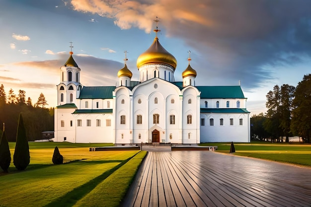 A painting of a church with a cloudy sky