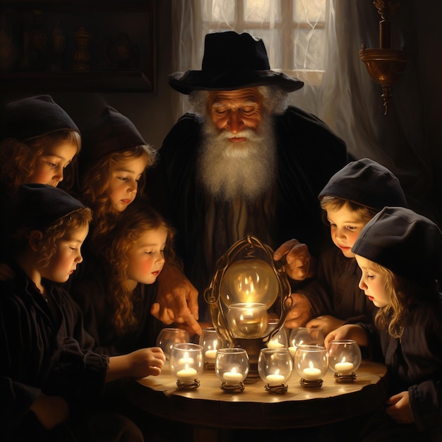 A painting of a church with a group of children around a table with candles.