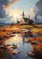 Photo a painting of a church with a lake and a church in the background