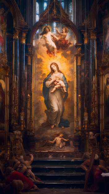 A painting of a church with a painting of a virgin and angels above it.