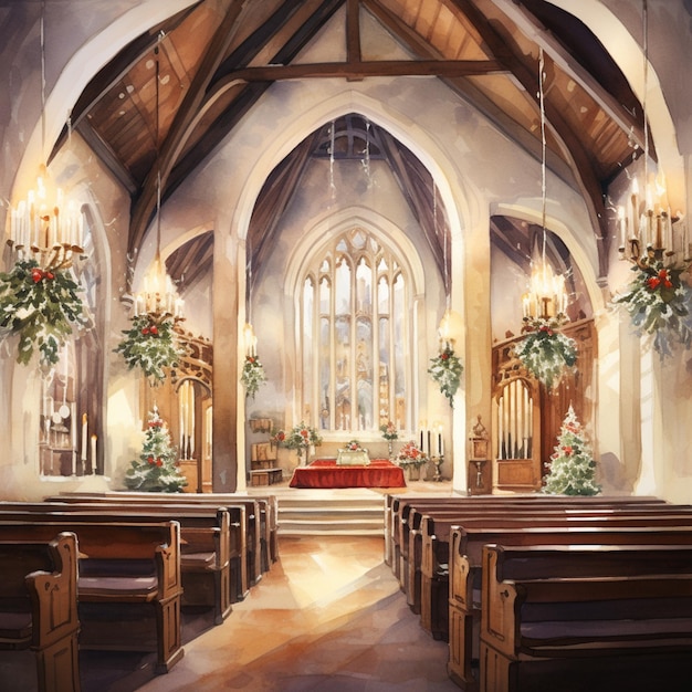 Painting of a church with pews and a red table cloth generative ai