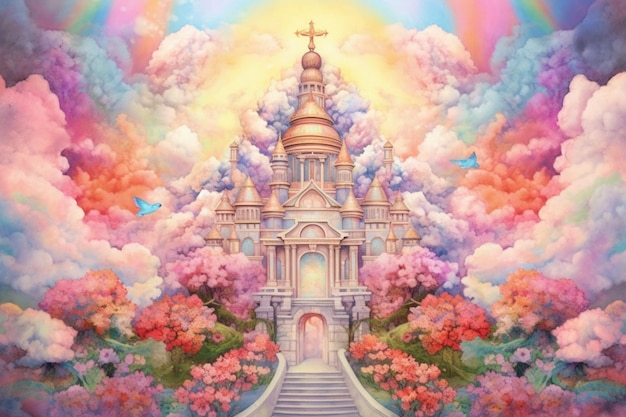 Painting of a church with a rainbow in the sky generative ai