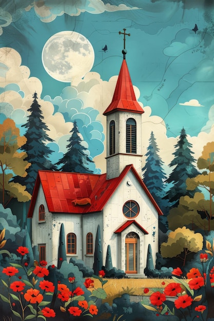 Photo a painting of a church with a red roof and a clock on it