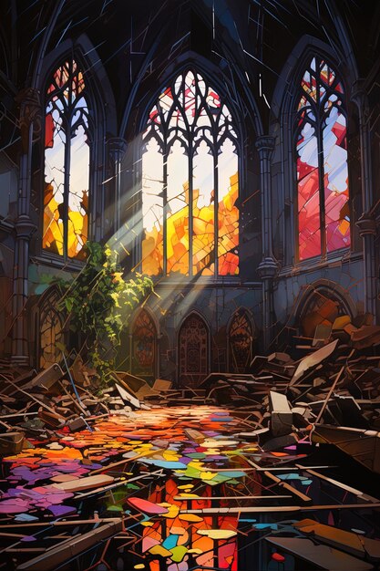 Photo a painting of a church with the sun shining through the windows