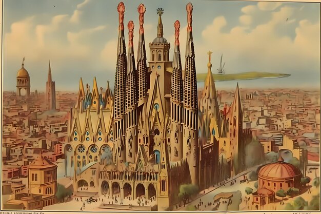 Photo a painting of a church with the word barcelona on it