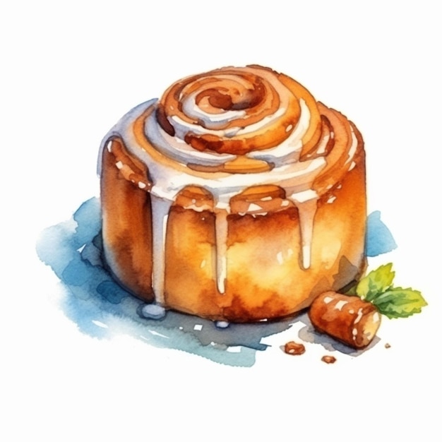 painting of a cinnamon bun with icing and a sprig of mint generative ai