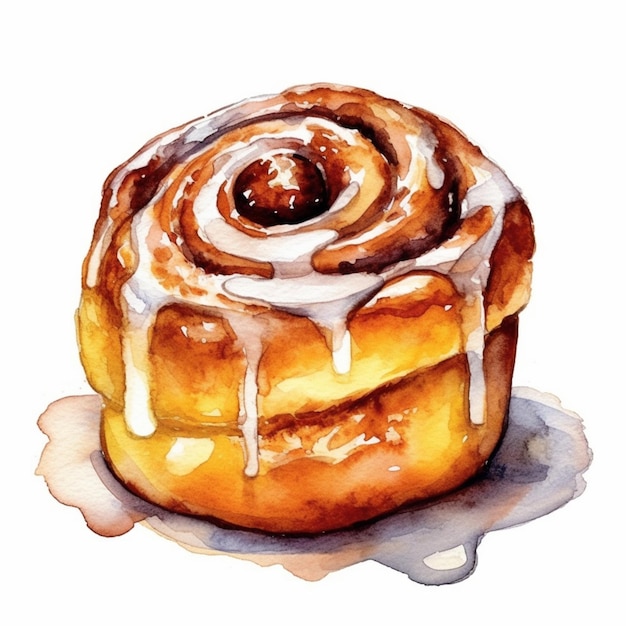 a painting of a cinnamon roll with icing on a plate generative ai