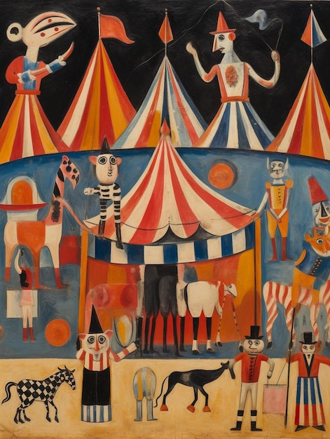 A painting of a circus tent with a cow and a cow on it