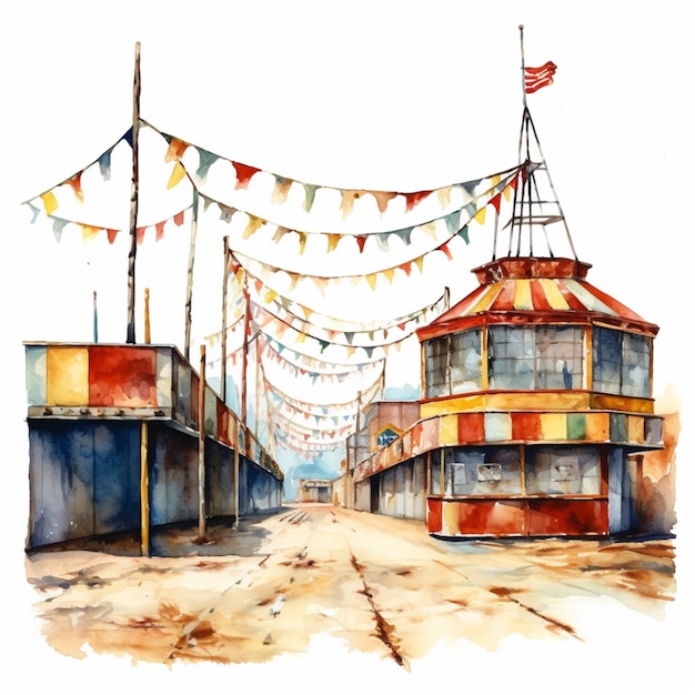 Photo painting of a circus tent with flags and bunting on the roof generative ai