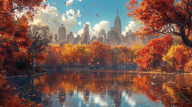 秋の街の絵画