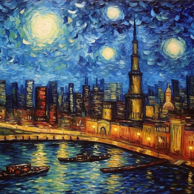 A painting of a city by the river