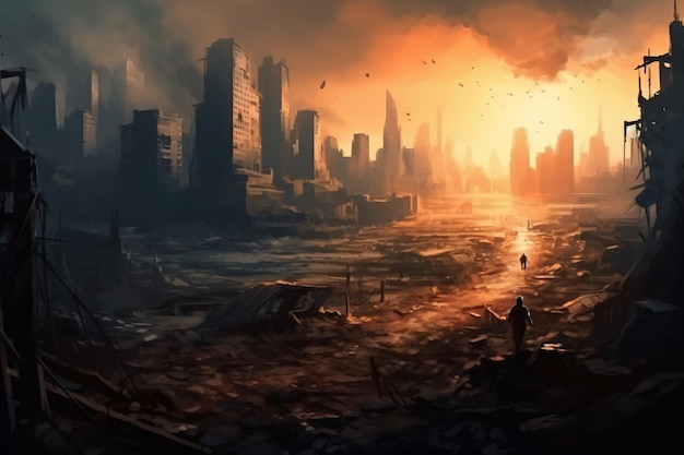 a painting of a city destroyed by a fire