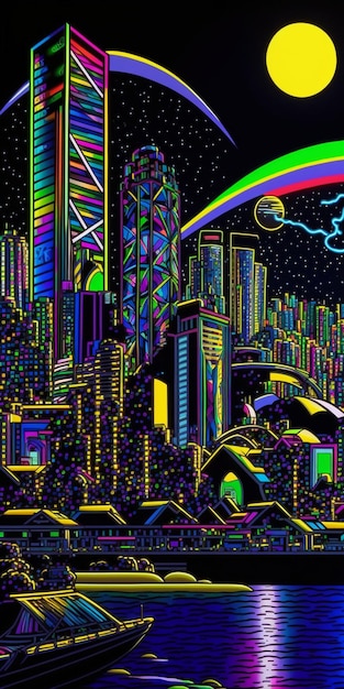 Painting of a city at night with a rainbow in the sky generative ai