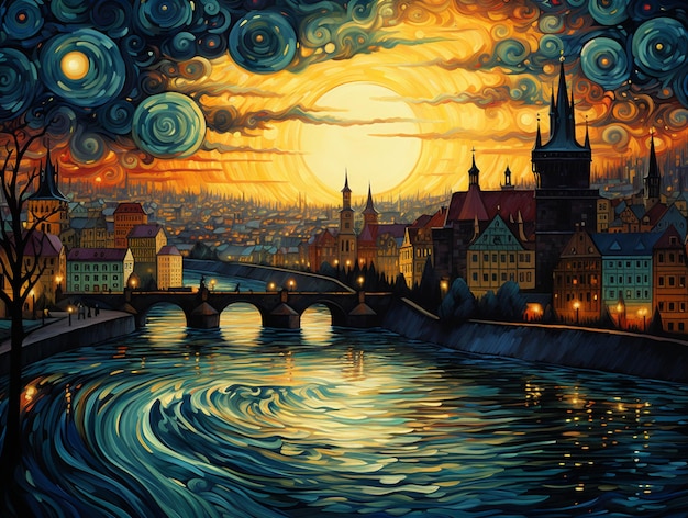 картина ночного города с рекой и мостом генеративный ай