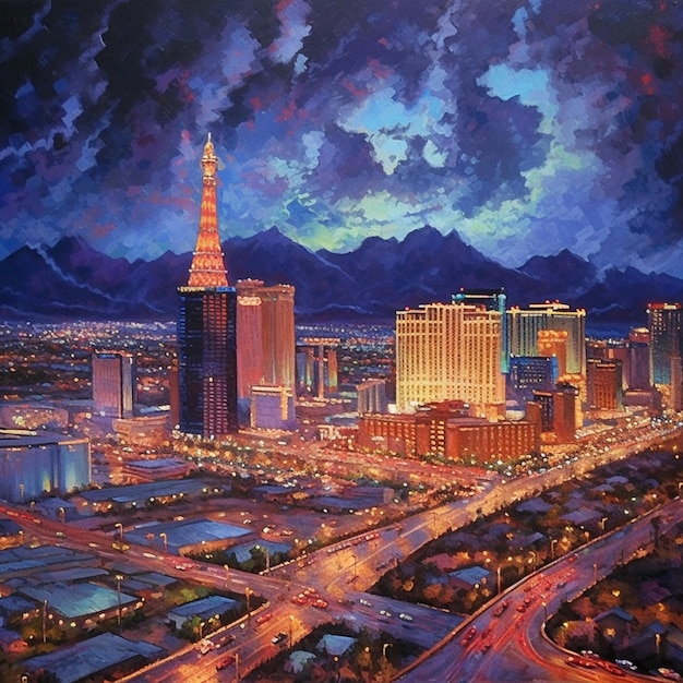 Painting of a city at night with a view of the las strip generative ai