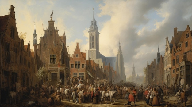 Painting of a city scene with a crowd of people and horses generative ai