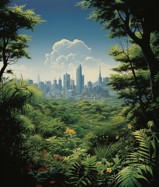 Foto pittura di uno skyline della città in lontananza con alberi e cespugli generativo ai