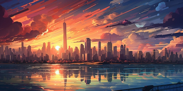 A painting of a city skyline at sunset comic book style digital art illustration