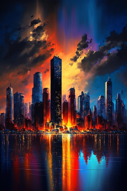 Painting of a city skyline with a bright sunset reflecting in the water generative ai