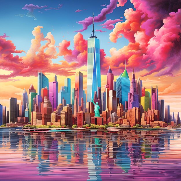 A painting of a city skyline with a city in the background.