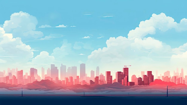 A painting of a city skyline with clouds in the sky