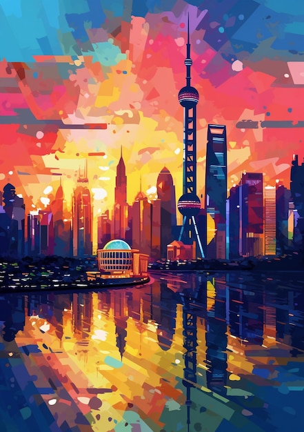 Painting of a city skyline with a colorful sunset and a boat generative ai