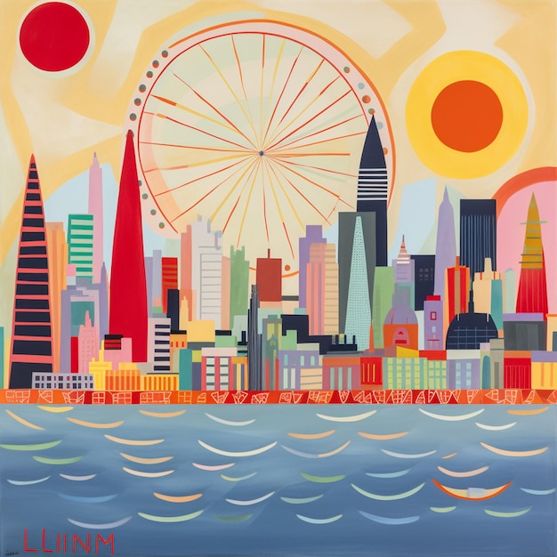 painting of a city skyline with a ferris wheel in the background generative ai