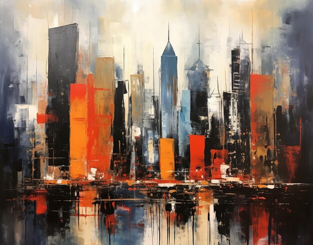 painting of a city skyline with a lot of tall buildings generative ai