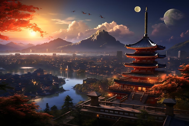 a painting of a city skyline with a pagoda in the foreground