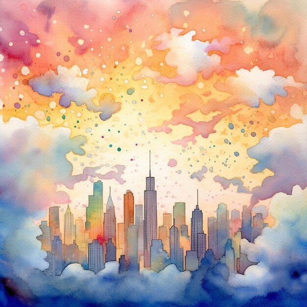 Painting of a city skyline with a rainbow colored sky and clouds generative ai