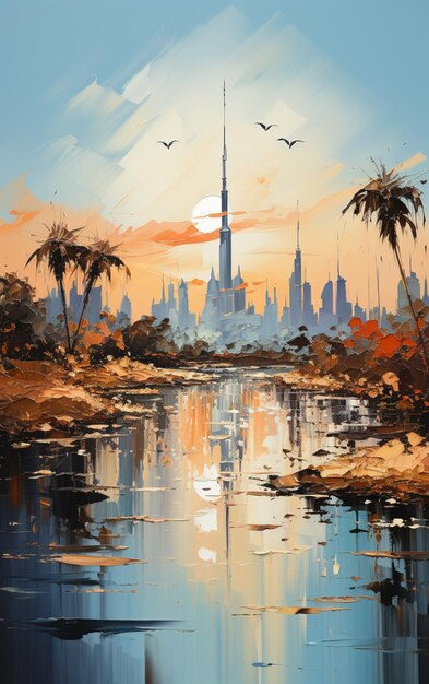 Photo painting of a city skyline with a river and palm trees generative ai