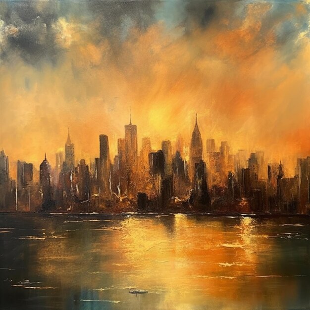 Painting of a city skyline with a sunset in the background generative ai