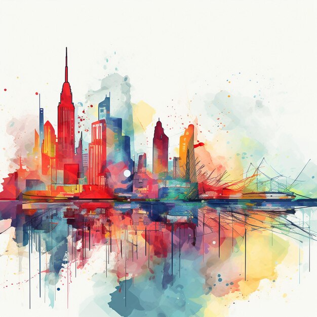 Painting of a city skyline with a watercolor splash effect generative ai