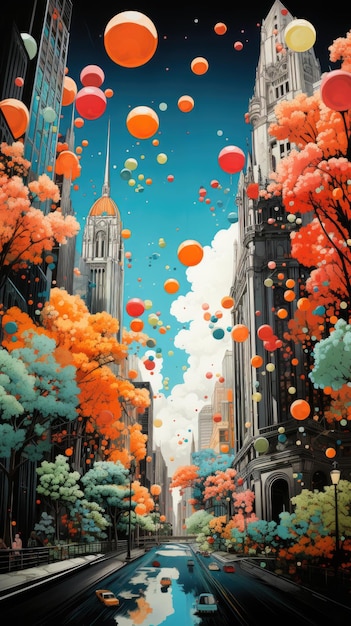 A painting of a city street filled with balloons