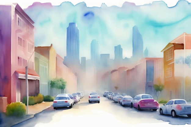 A Painting Of A City Street Filled With Cars