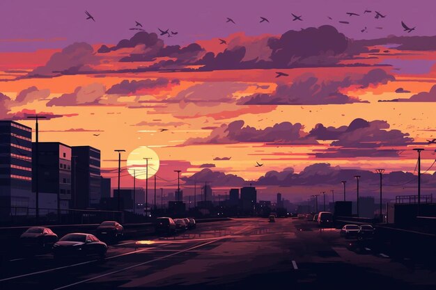 A painting of a city street at sunset