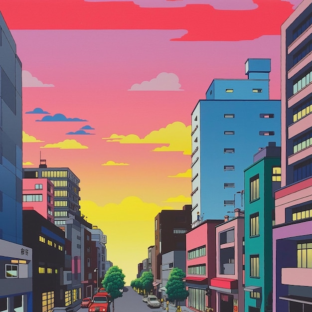 a painting of a city street with a car parked on the street.