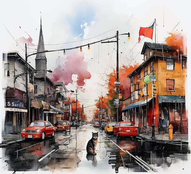 A painting of a city street with a car