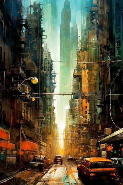 A painting of a city street with a cityscape in the background.